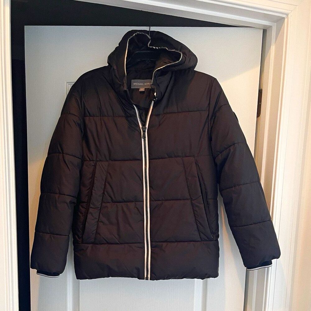 Michael Kors Boys Black Hooded Puffer Jacket 14/16 Zip Front Pockets Poly